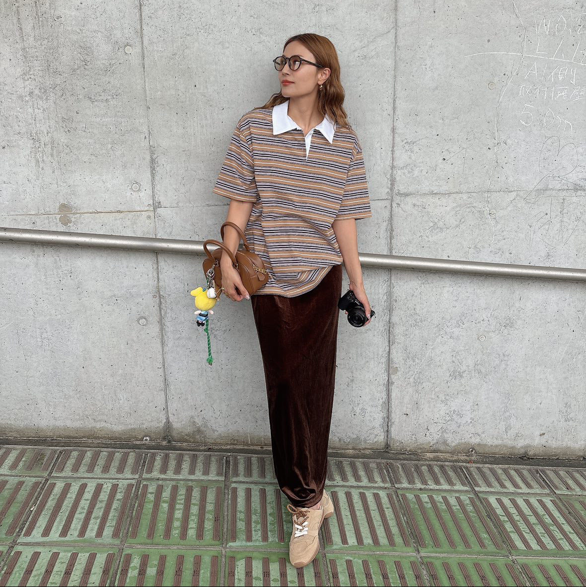 ポロ衿ボーダーロングシャツ