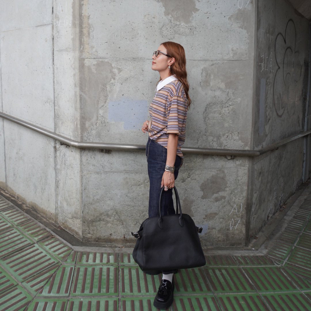 ポロ衿ボーダーロングシャツ