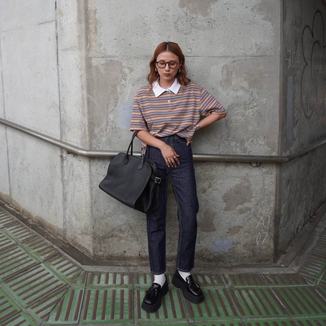 ポロ衿ボーダーロングシャツ